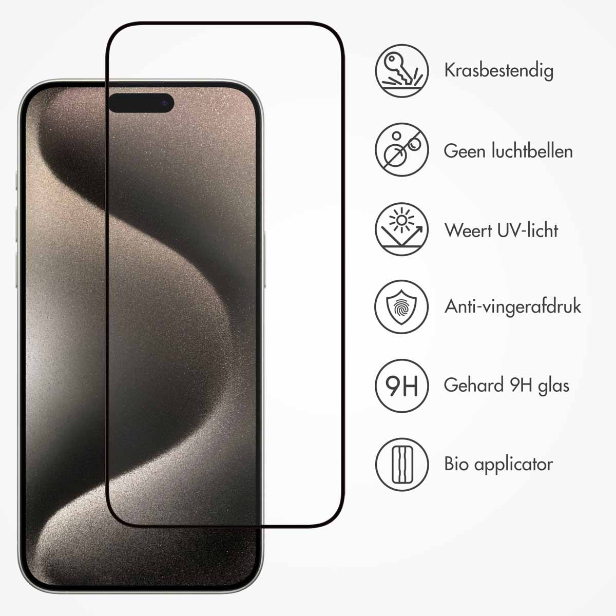 A screen protector with text in Dutch. Features include scratch resistance and air bubble free.