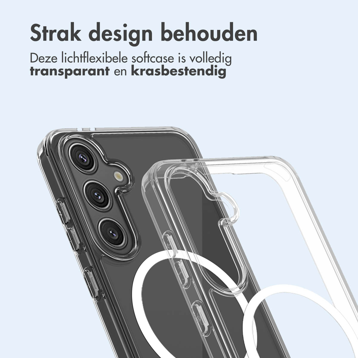 Una custodia trasparente per telefono con un cerchio bianco sul retro. Il telefono è nella custodia.