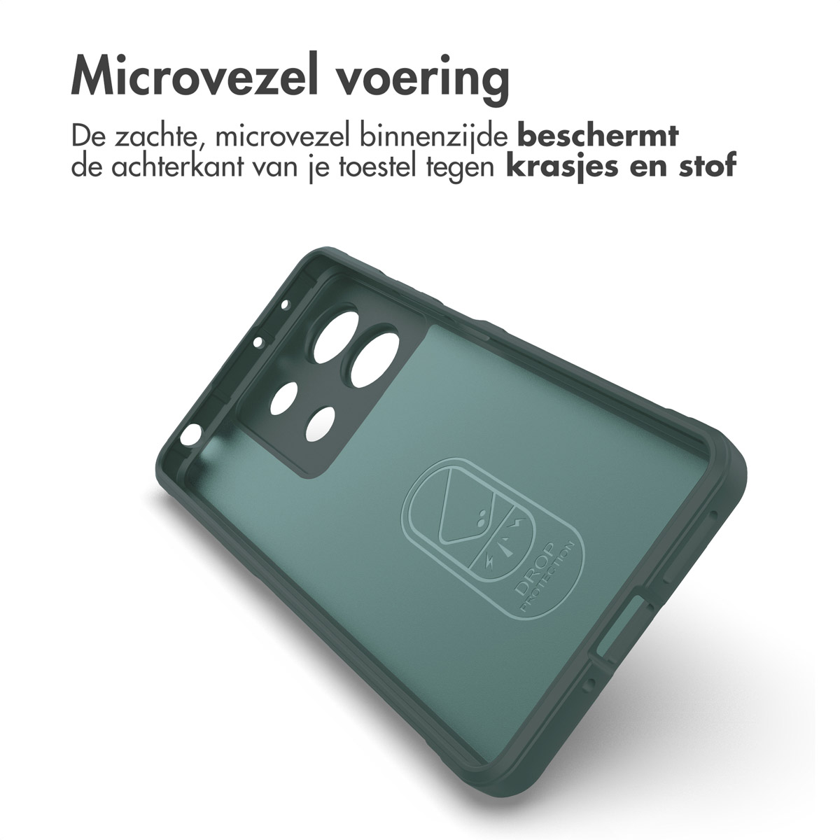 Binnenkant van de telefoonhoes. Groene binnenkant van de hoes met logo. Nederlandse tekst over bescherming.