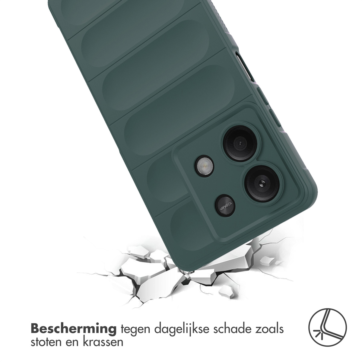 Een groene telefoonhoes breekt een oppervlak. Tekst zegt: Bescherming tegen dagelijkse schade.