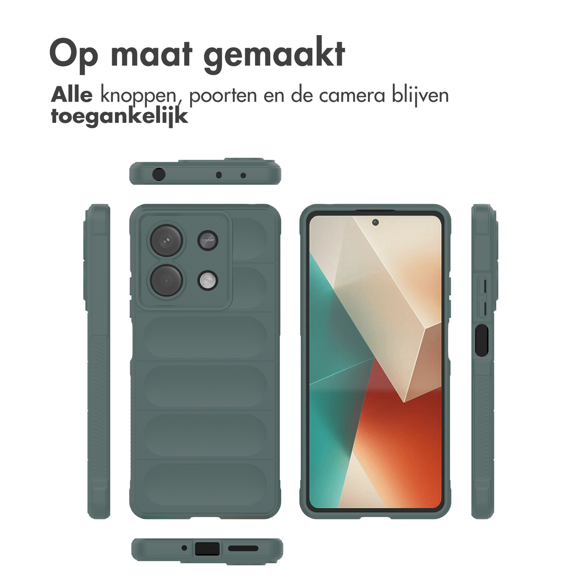 Een transparant telefoonhoesje met een geometrisch ontwerp. Gouden lijnen op een witte en beige achtergrond.