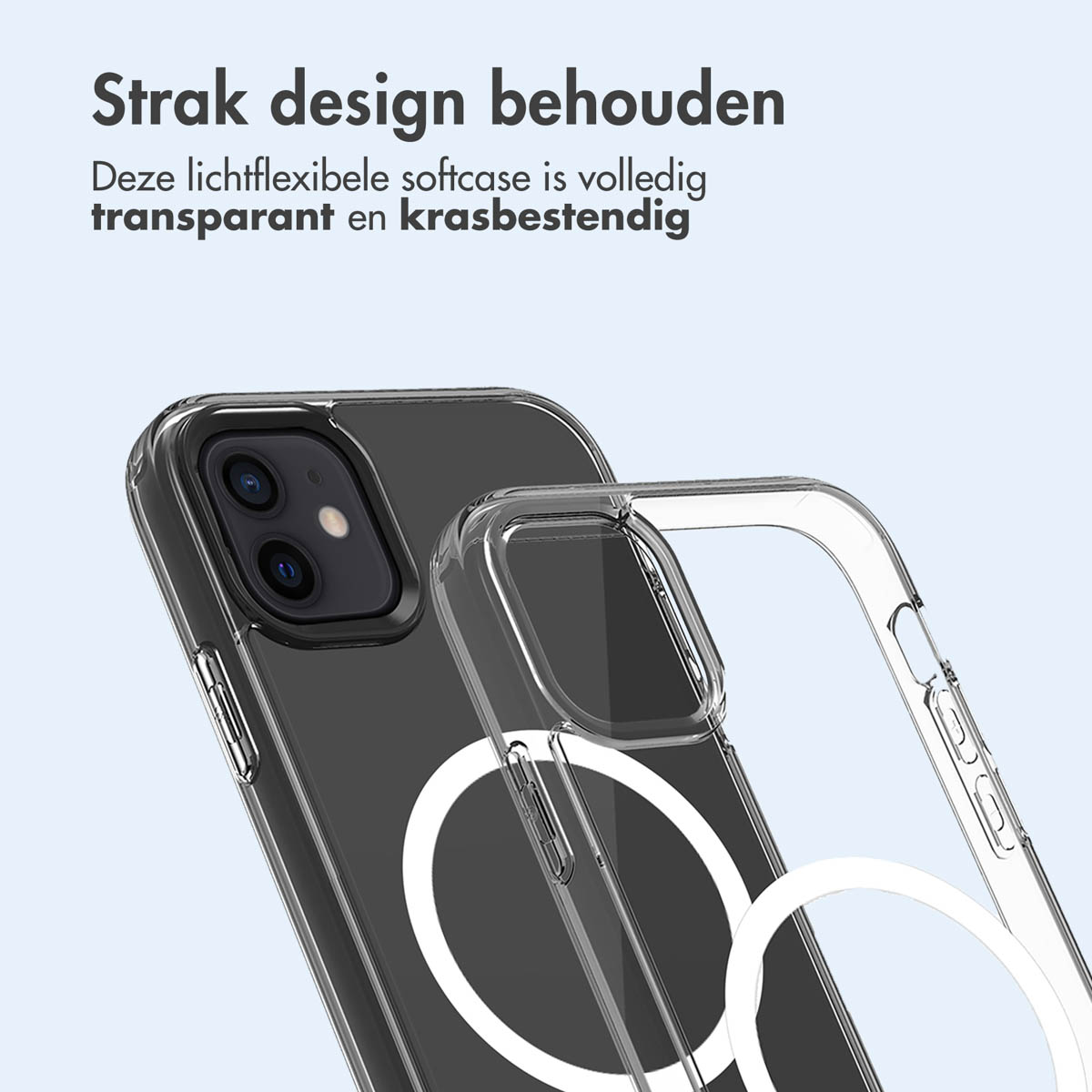 Une coque de téléphone transparente sur un téléphone, avec un anneau blanc et du texte sur fond bleu clair.