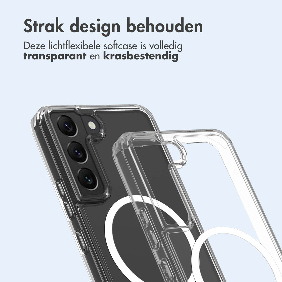 A clear phone case on a black phone, showing the camera and a clear protective case.