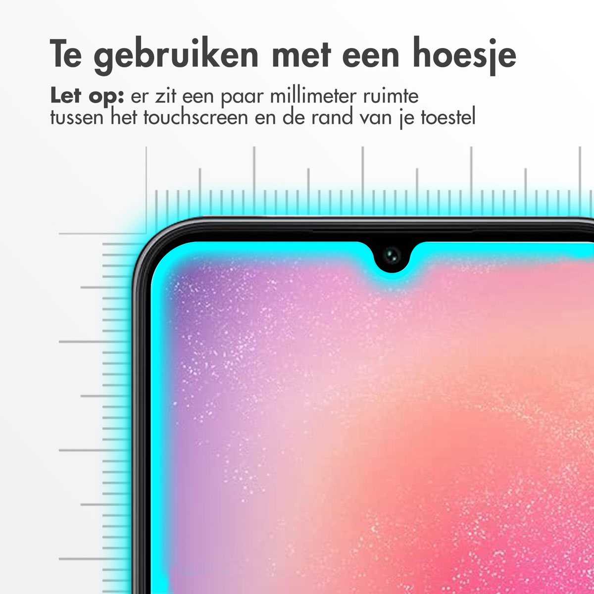 Close-up van telefoonscherm met liniaal overlay bovenaan, met tekst erboven, op een witte achtergrond.