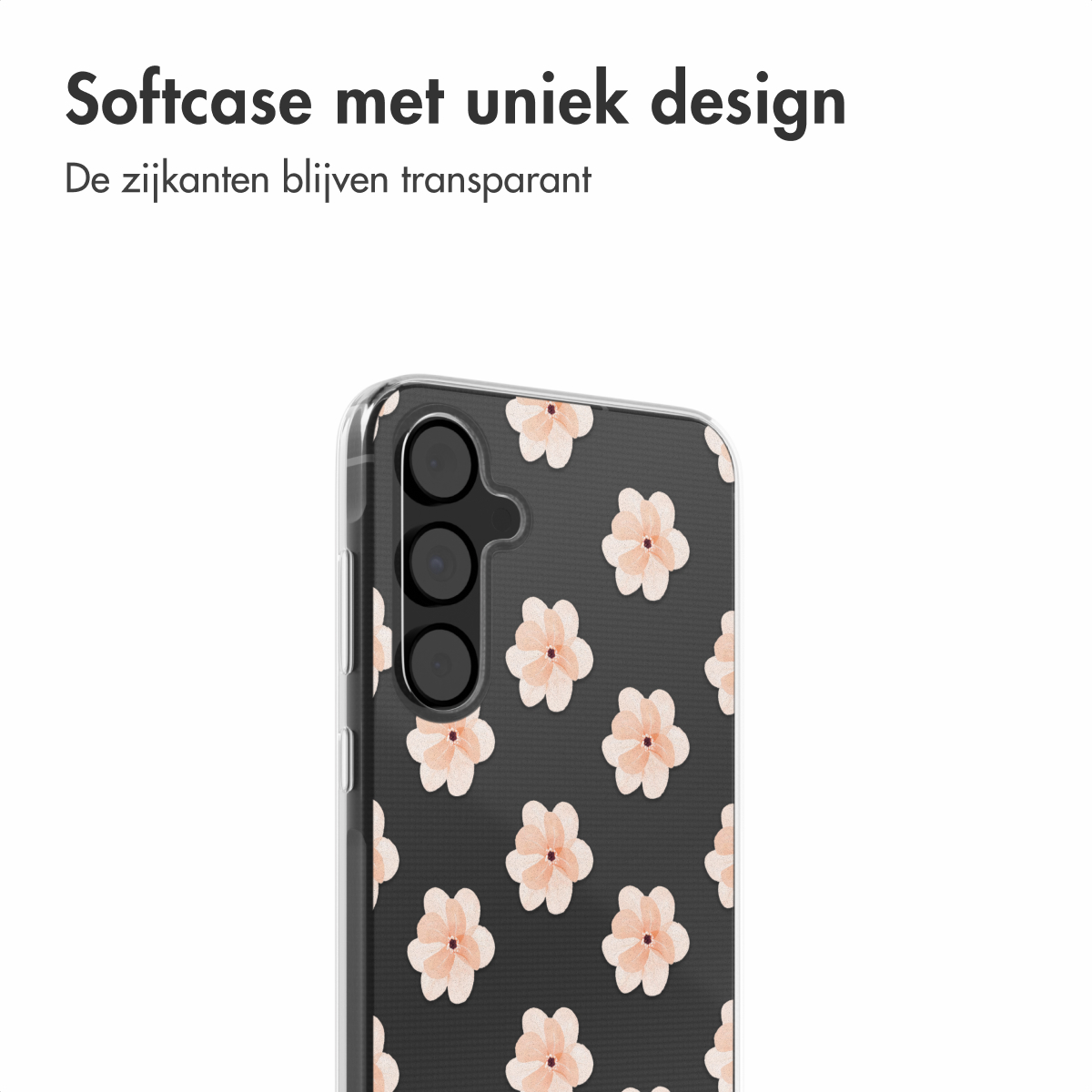 Een telefoonhoesje met een zwarte achtergrond met roze bloemen, op een witte achtergrond.