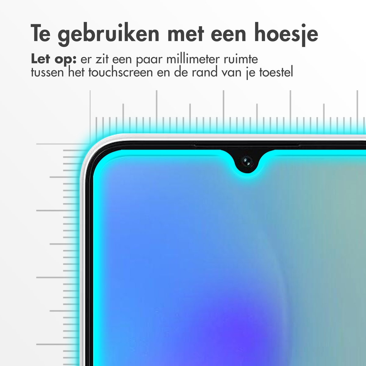 Close-up of a phone screen, with text describing the screen protector.