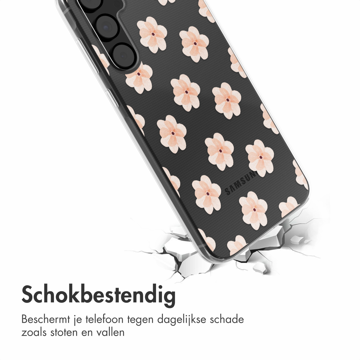 Telefoonhoesje met bloemenpatroon op gebarsten grond, zwarte achtergrond.