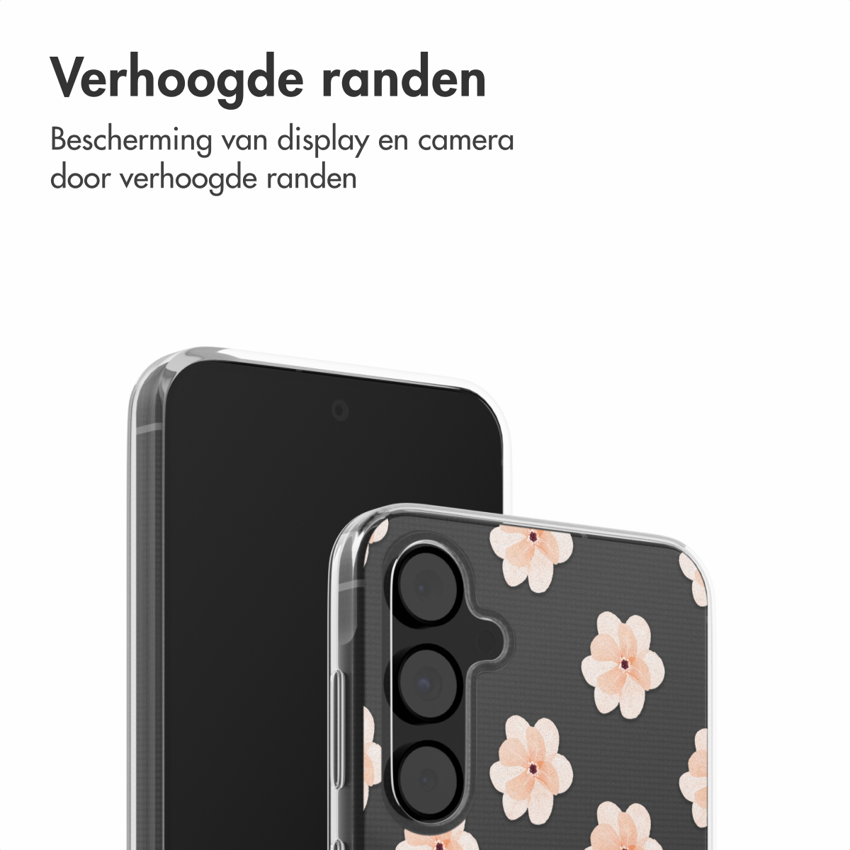 Telefoon met een bloempatroon hoesje; een andere telefoon iets erachter.