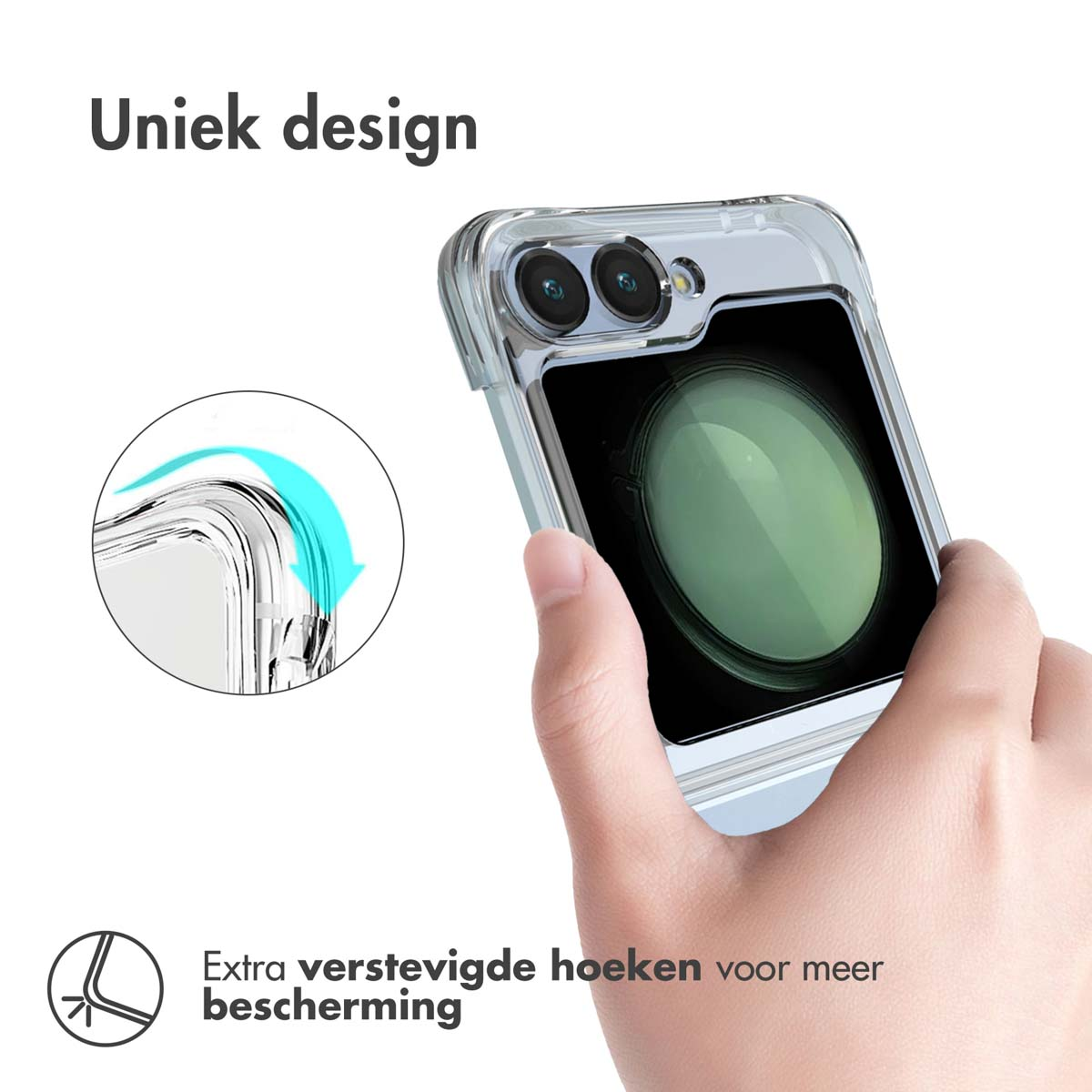 Custodia per telefono, trasparente con interno nero. Il design ha una forma unica.