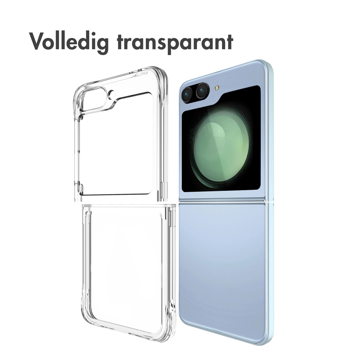 Una custodia trasparente per telefono è esposta accanto a un telefono piegato blu chiaro. La custodia è in tre parti.