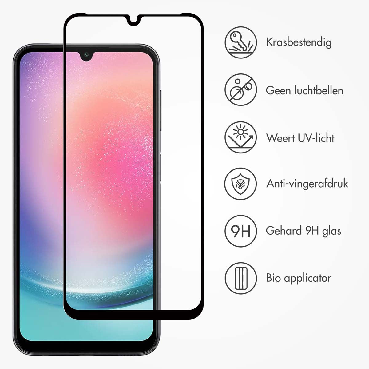 Zwarte schermbeschermer op een telefoon, met pictogrammen en tekst over de functies.