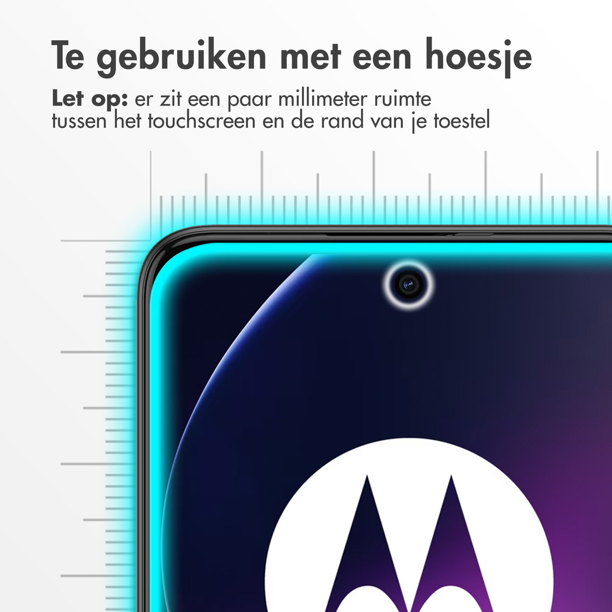 Een schermbeschermer op een telefoonscherm, met tekst en een logo in de benedenhoek.