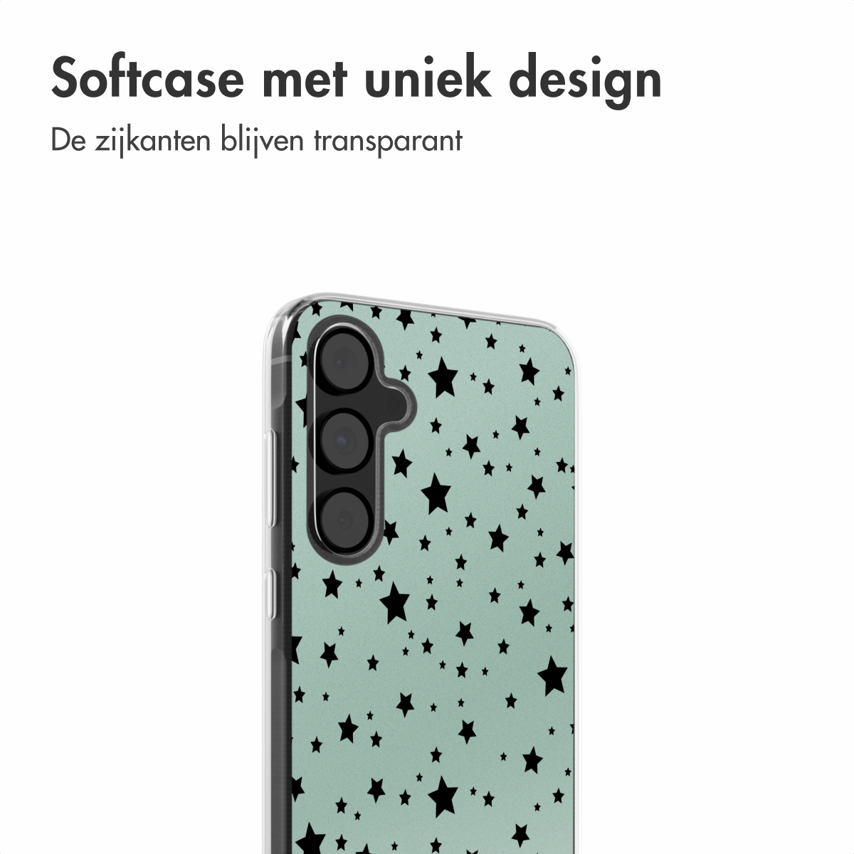 Close-up van een telefoonhoesje met een sterrenpatroon. Tekst luidt: Softcase met uniek design.
