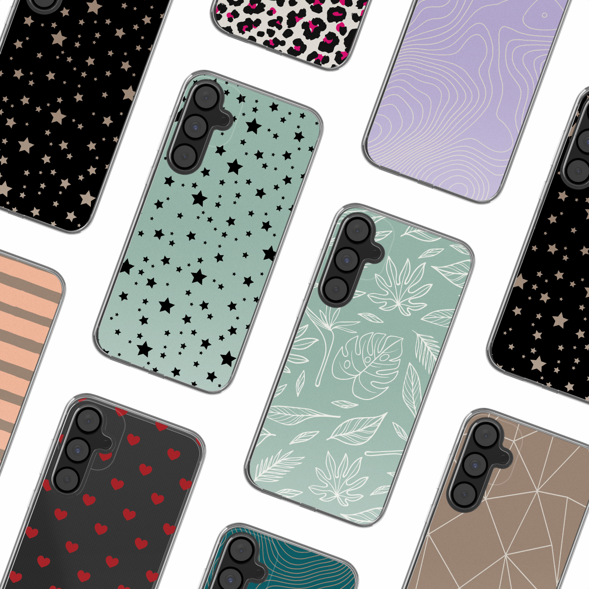 Verschillende telefoonhoesjes met verschillende patronen. Witte achtergrond.