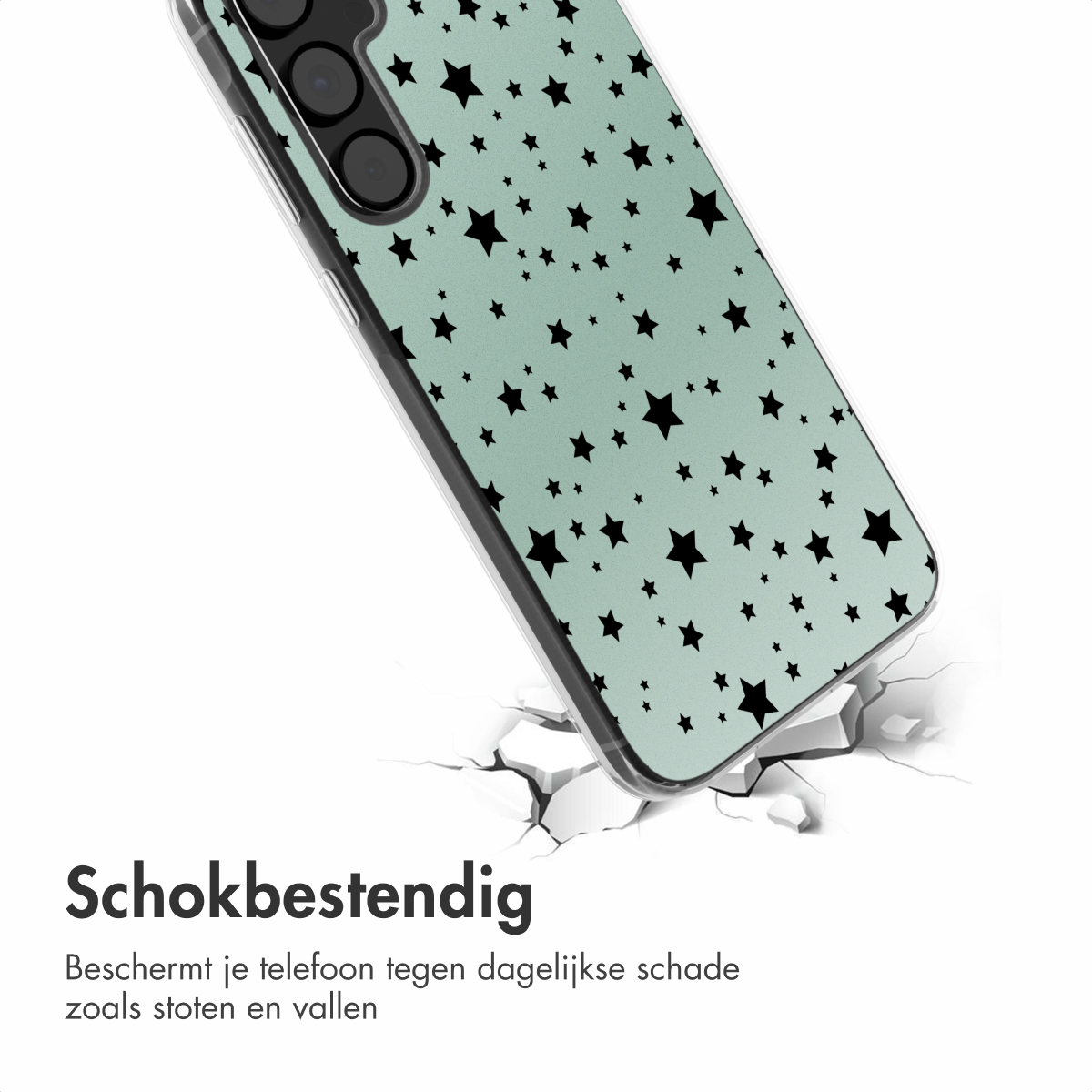 Telefoonhoesje met zwarte sterren op mintgroene achtergrond, schuin, met gebarsten grond.