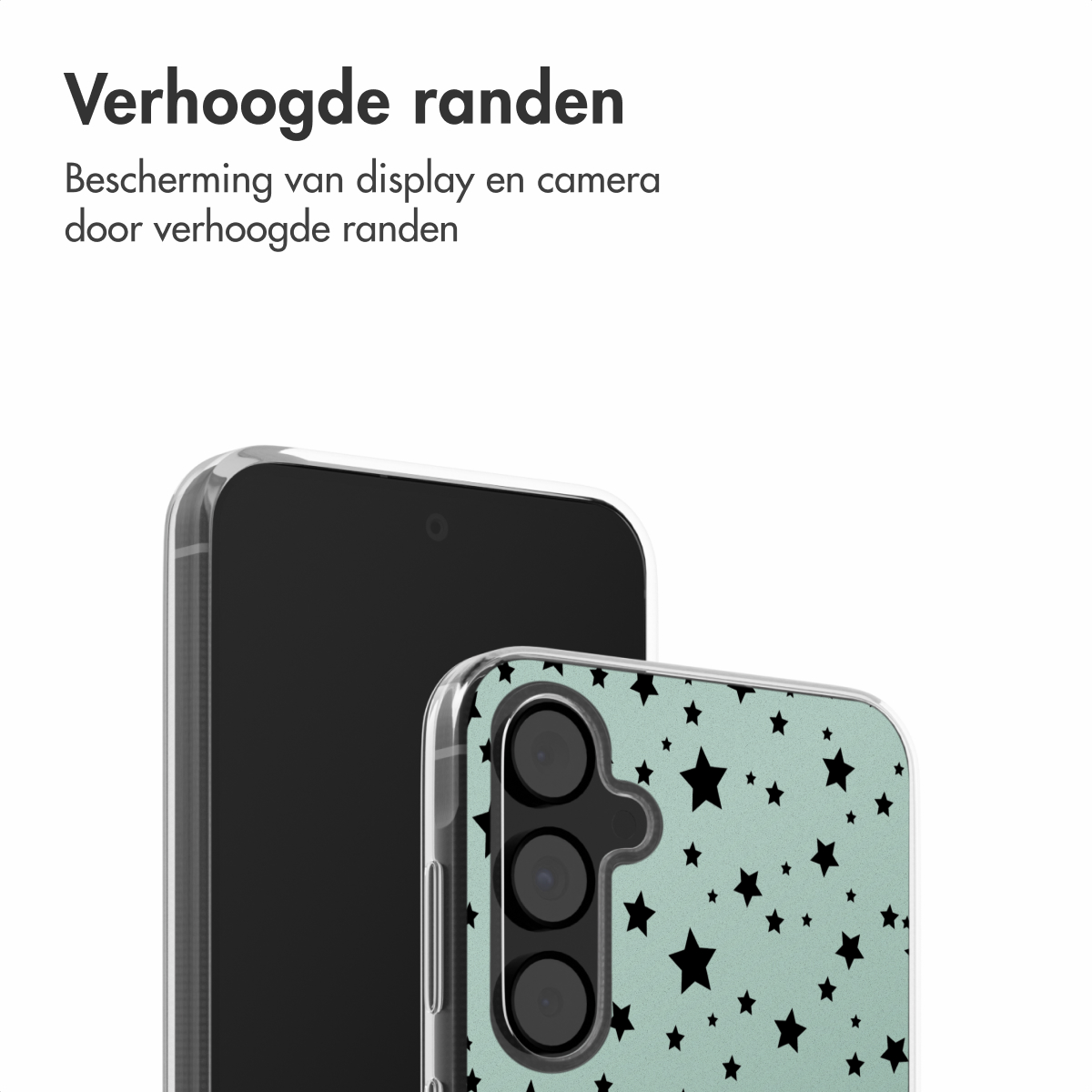 Telefoonhoesje met zwarte sterren op mintgroene achtergrond, telefoon gedeeltelijk zichtbaar.