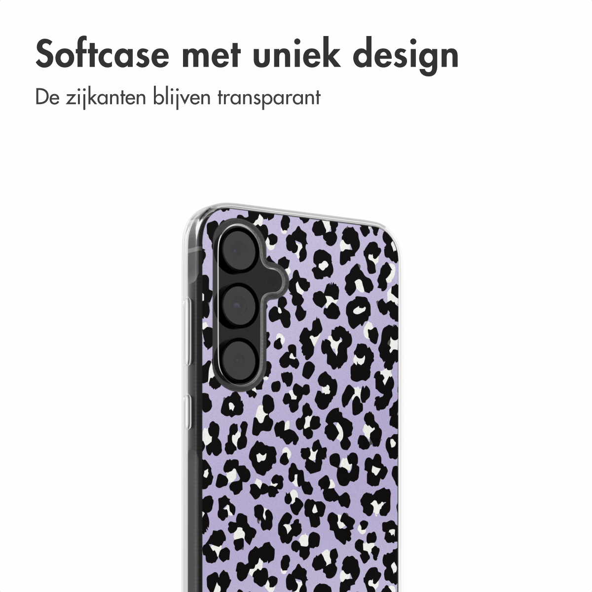 Telefoonhoesje met luipaardprint. Paarse achtergrond met zwarte en witte vlekken.