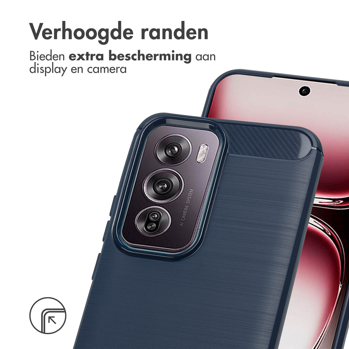 Un telefono in una custodia blu scuro con bordi rialzati, che protegge lo schermo e la fotocamera. La custodia è strutturata.