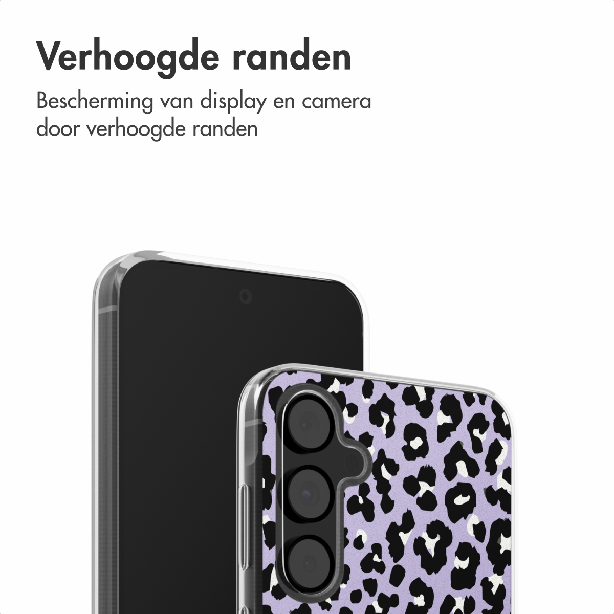 Telefoon in een hoesje met luipaardprint, toont de camera en verhoogde randen.