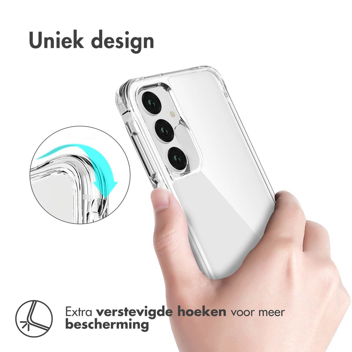 Main tenant un téléphone avec une coque de protection transparente et des coins renforcés.