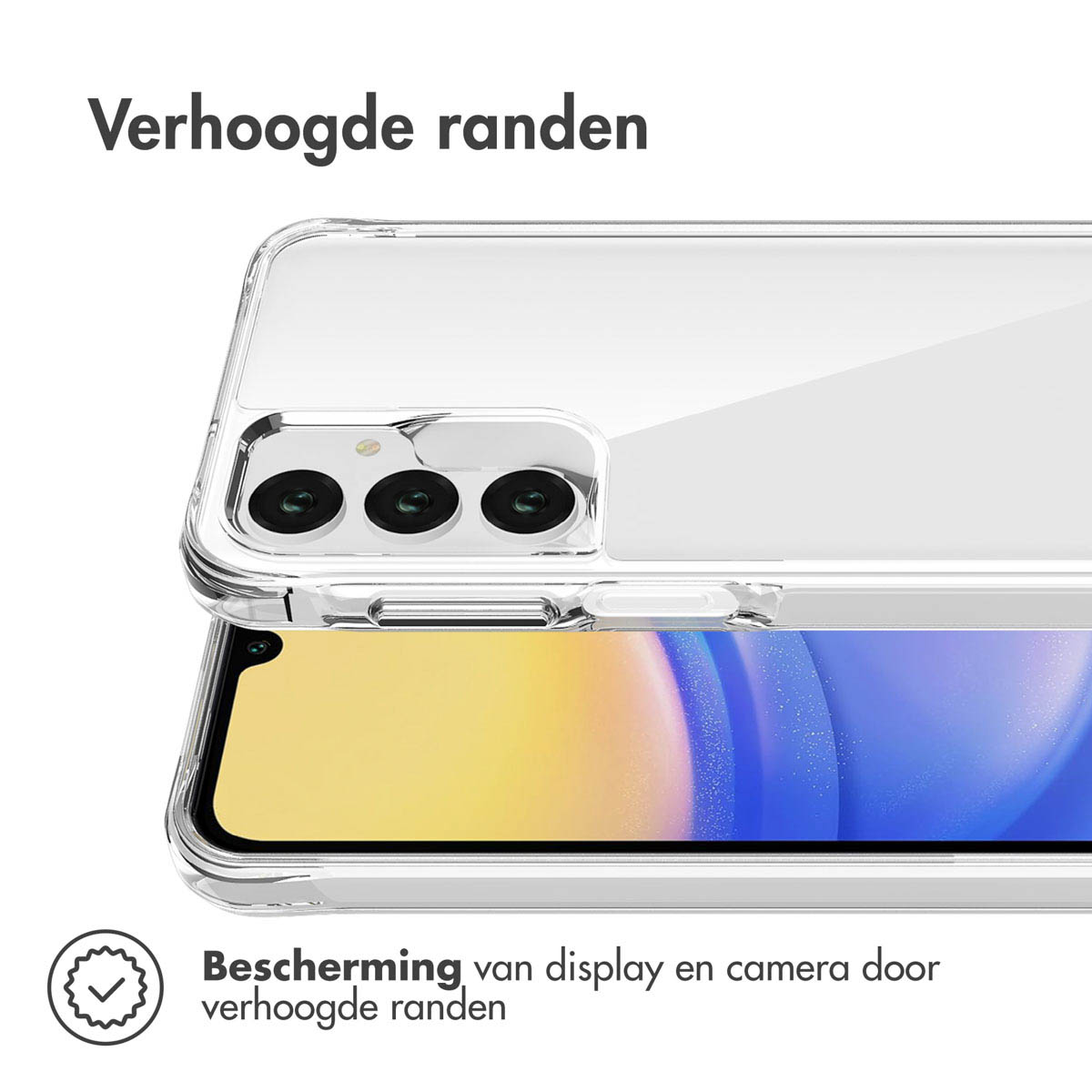 Coque de téléphone transparente sur le téléphone, avec des bords surélevés, sur fond blanc, montrant le téléphone.