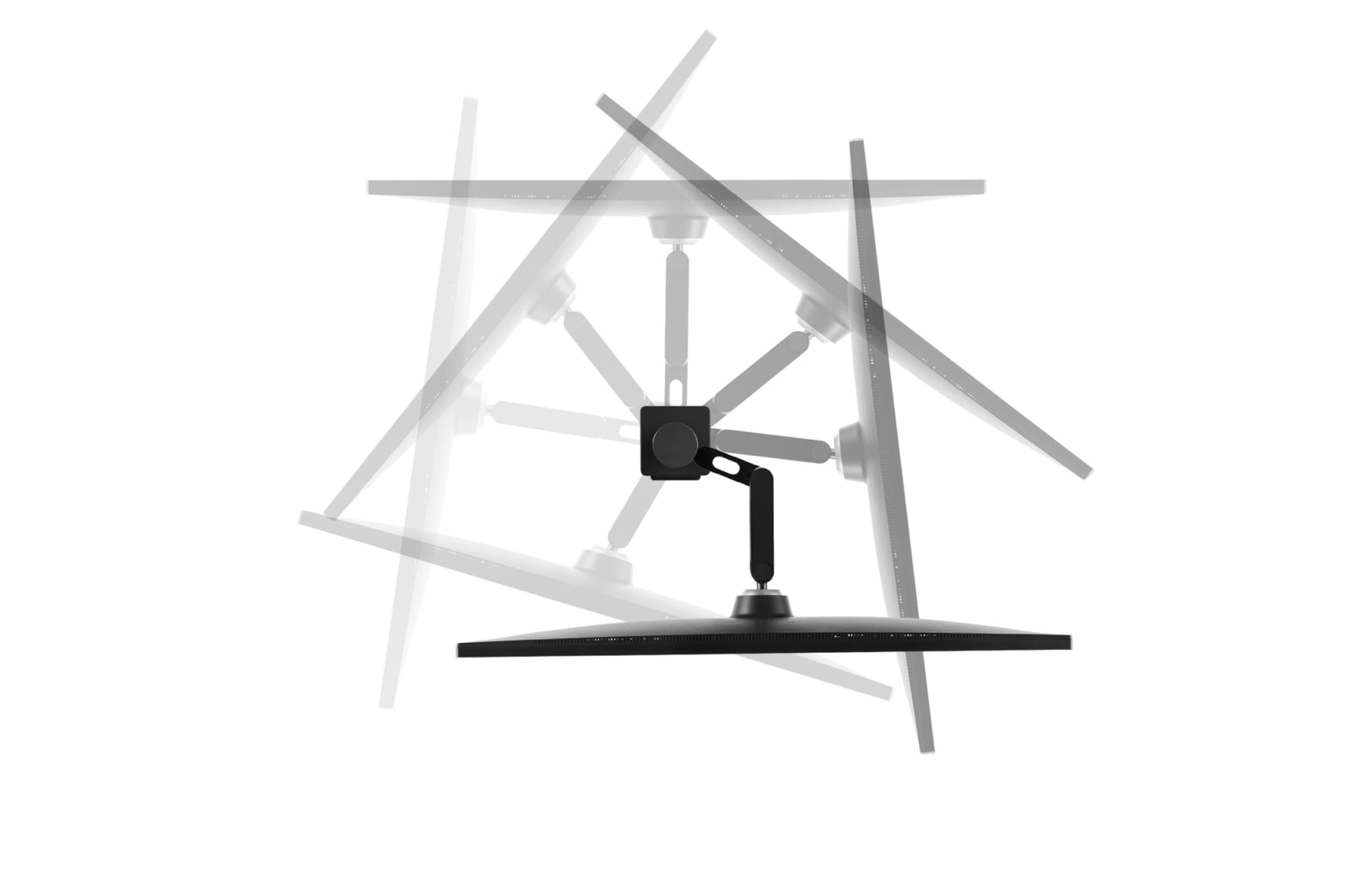 Uchwyt do monitora z wieloma ekranami. Pokazuje różne kąty ekranów.