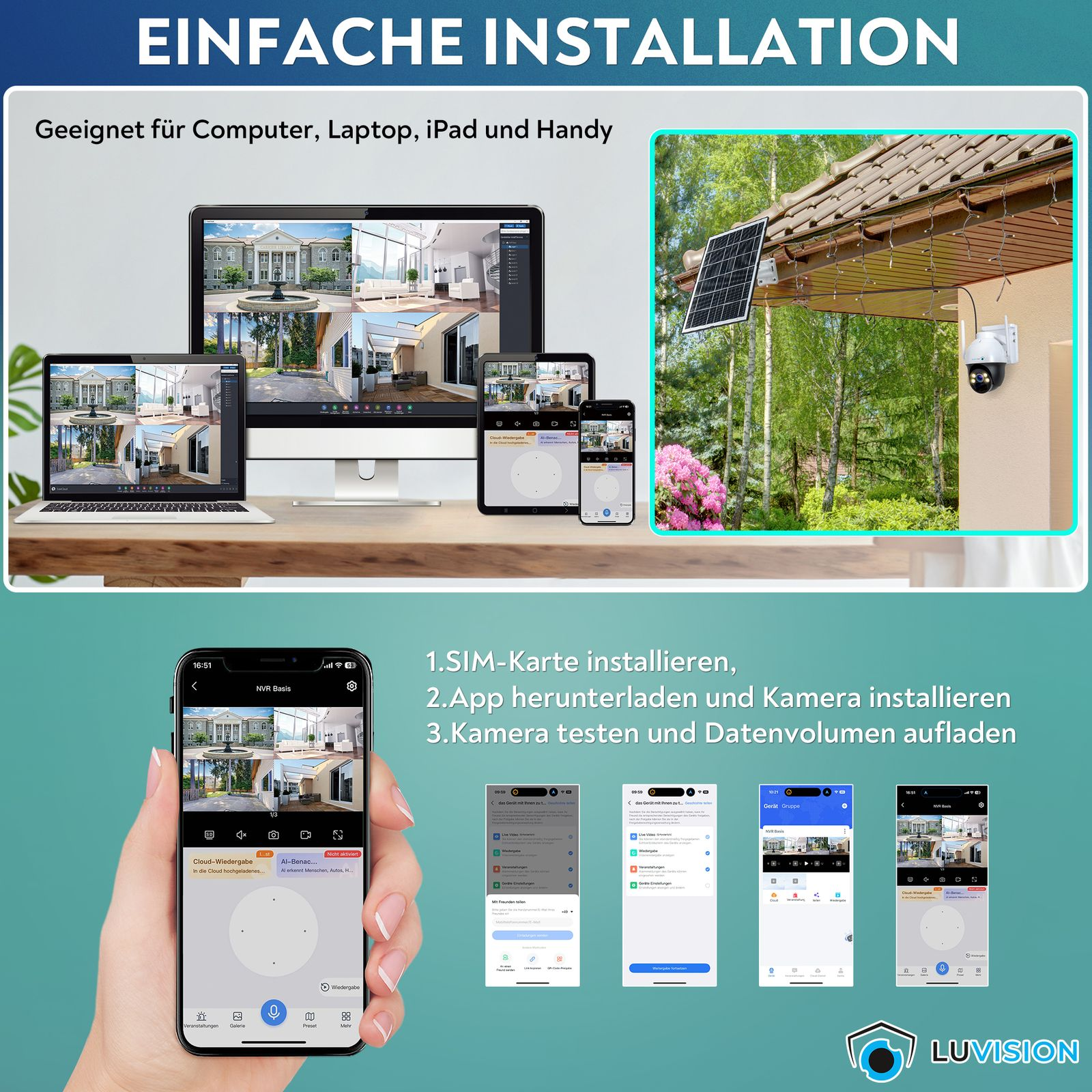 Verschiedene Geräte, die eine Sicherheits-Systemoberfläche anzeigen. Laptop, Telefone und eine Kamera.