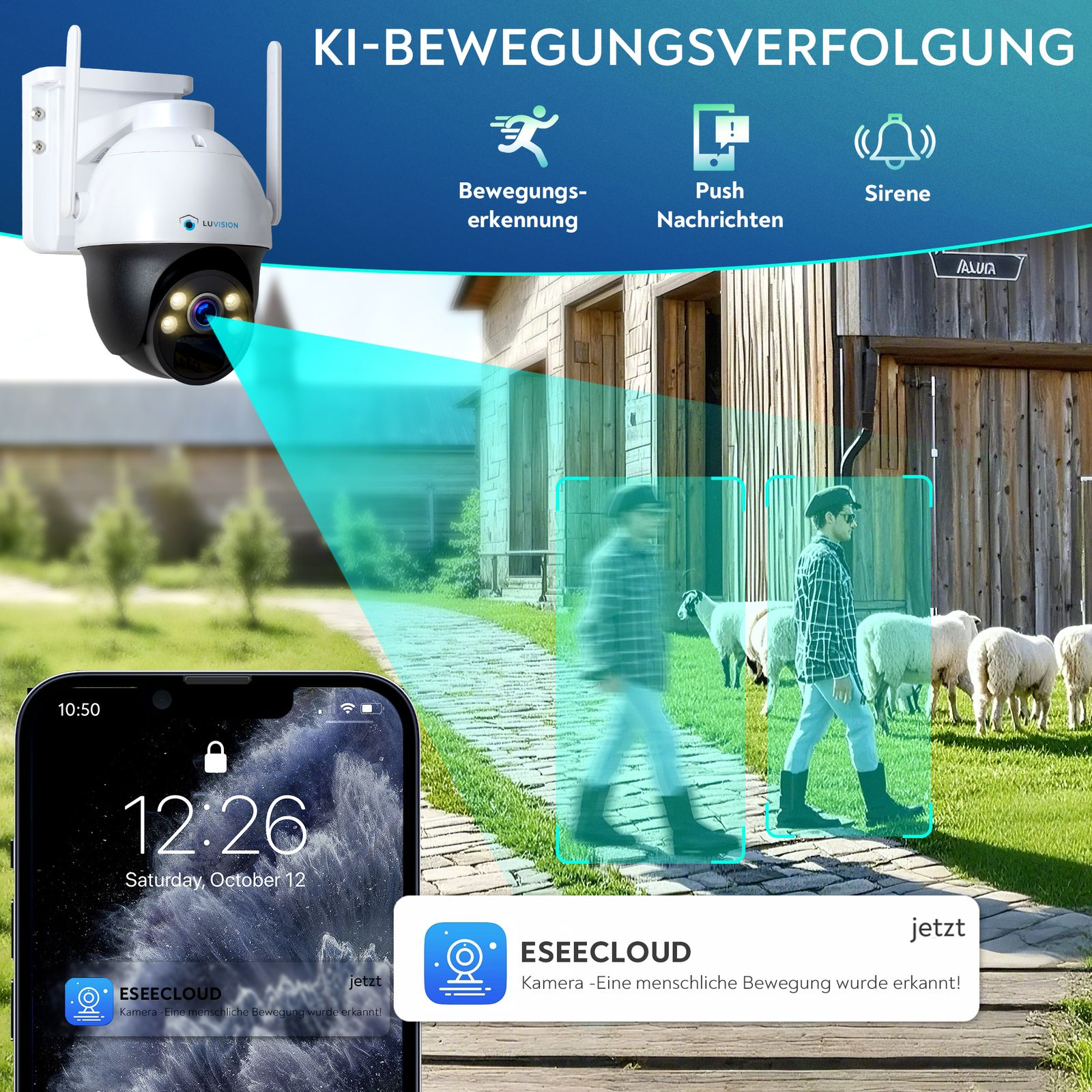 Eine Überwachungskamera mit einem Smartphone, das eine Benachrichtigung über Bewegungserkennung anzeigt. Schafe sind im Hintergrund.