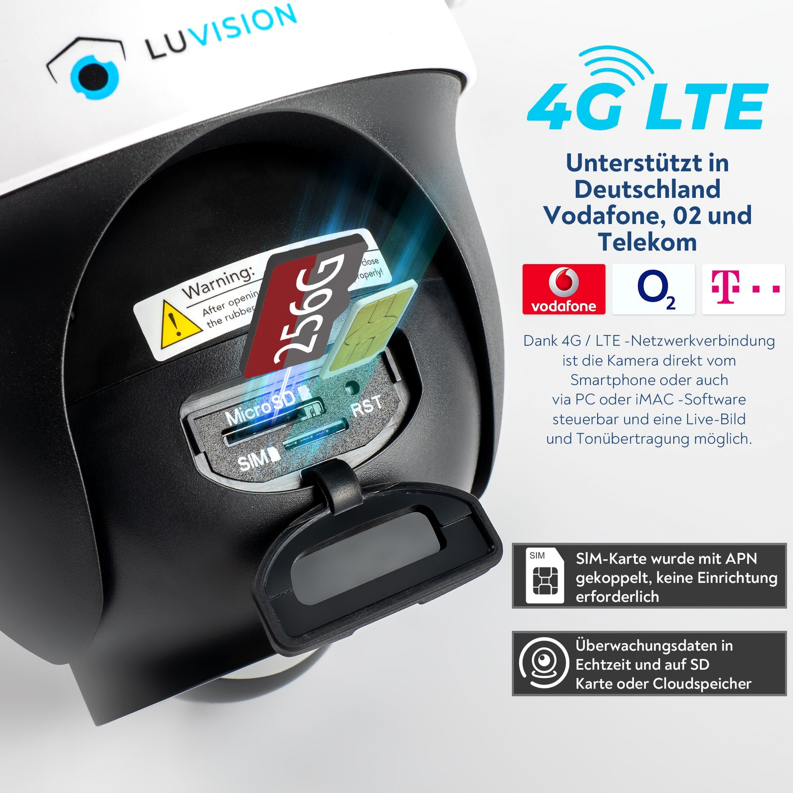 Eine schwarz-weiße Überwachungskamera mit einer 256G Micro-SD-Karte und einem 4G LTE-Logo.