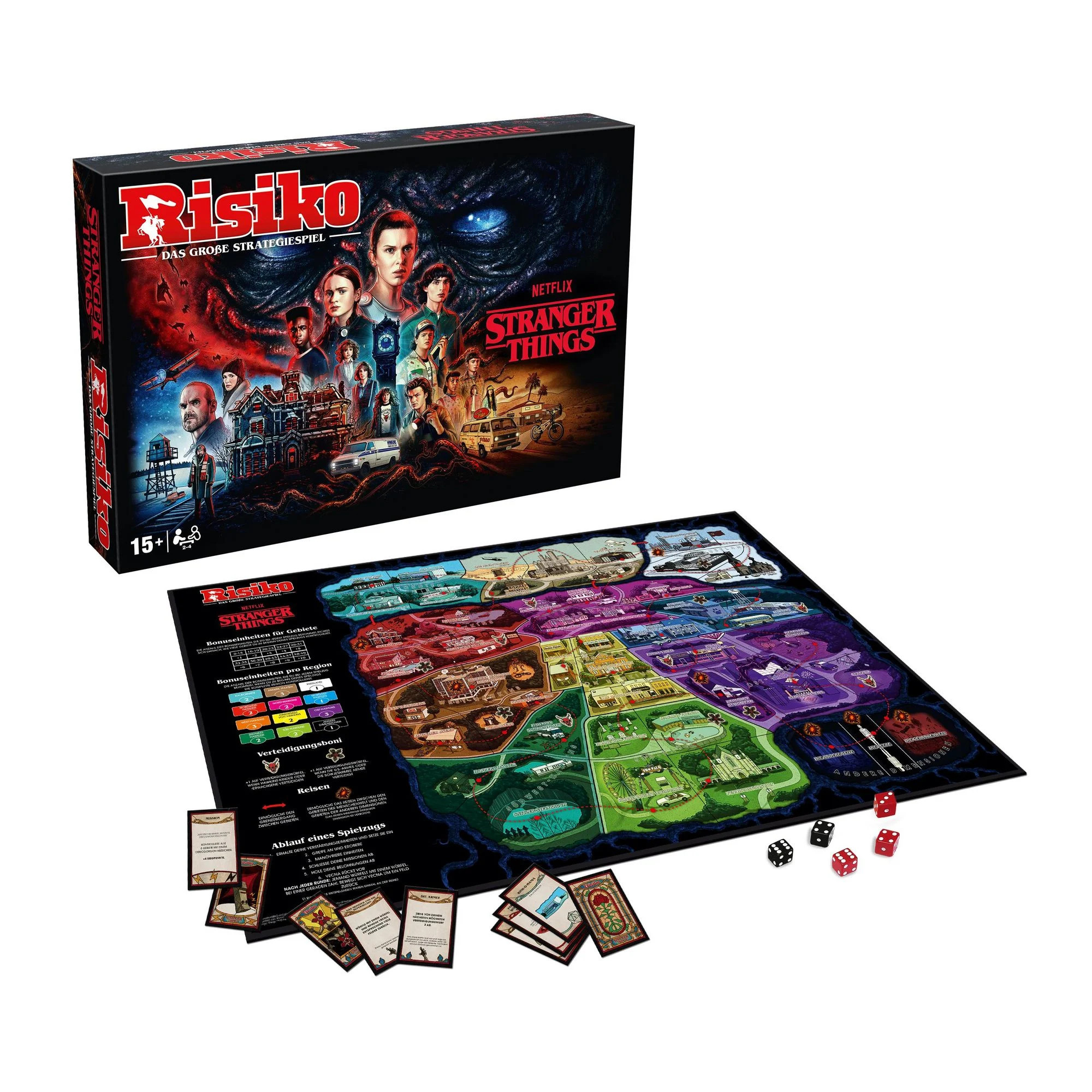 Eine Brettspielbox und ein Spielbrett von Netflix' Stranger Things. Die Box zeigt Charaktere, das Brett Karte und Karten.