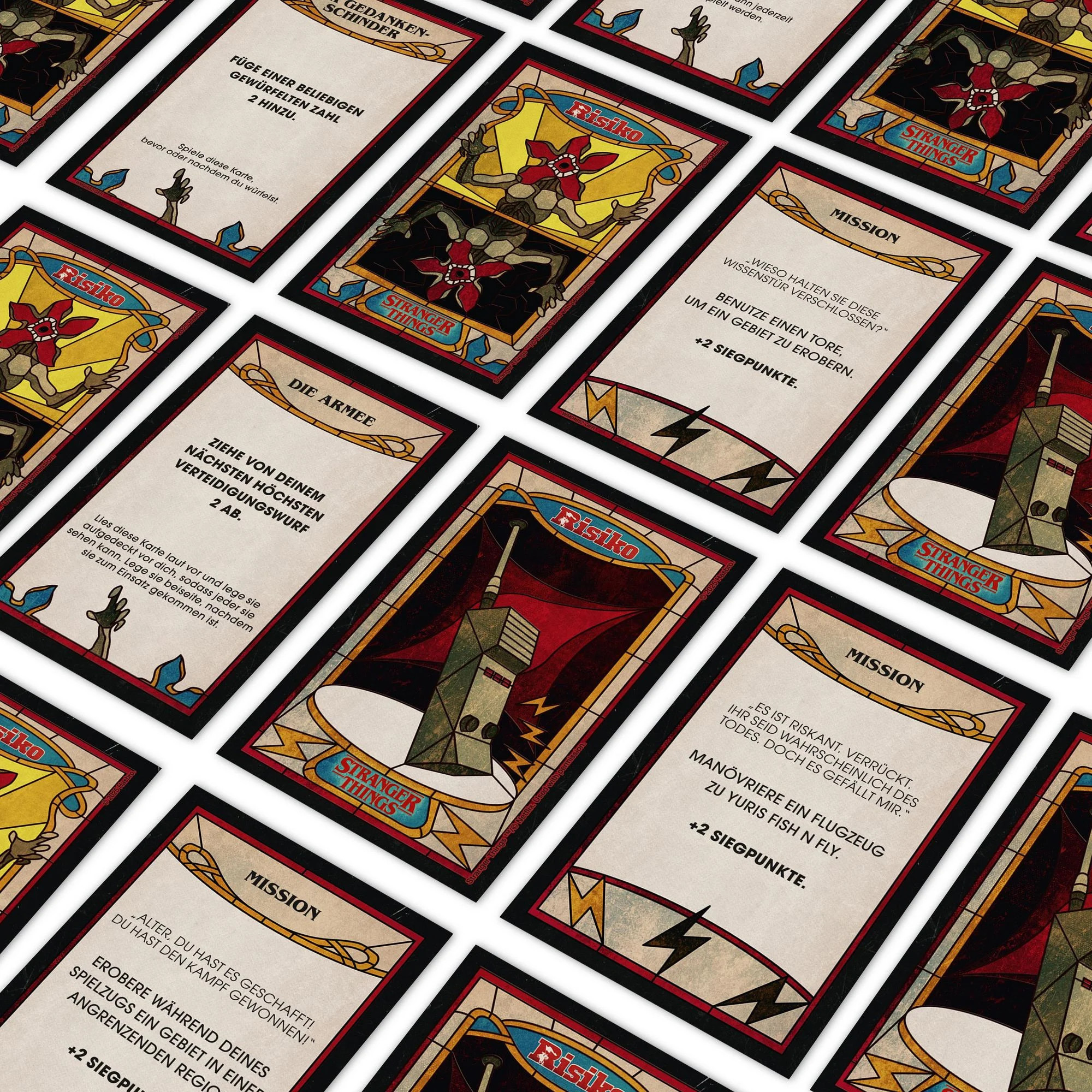 Eine Sammlung von Stranger Things-Spielkarten, die verschiedene Spielelemente zeigen.