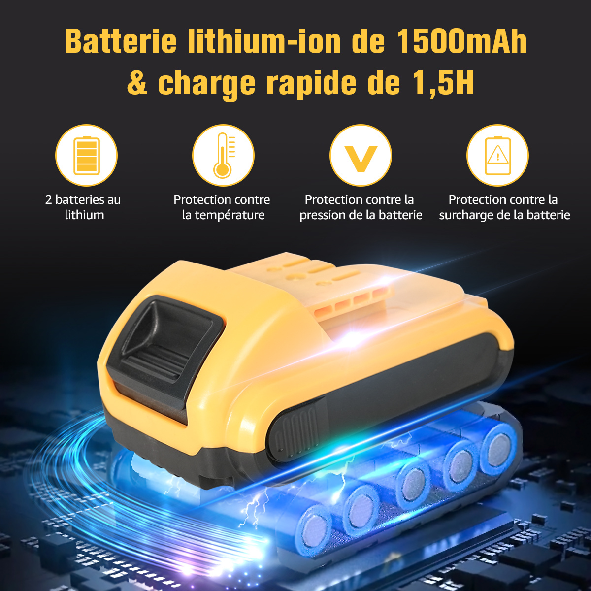 Gelb-schwarzer Elektrowerkzeug-Akku mit Lithium-Batterien und Schutz vor Temperatur und Überlastung.