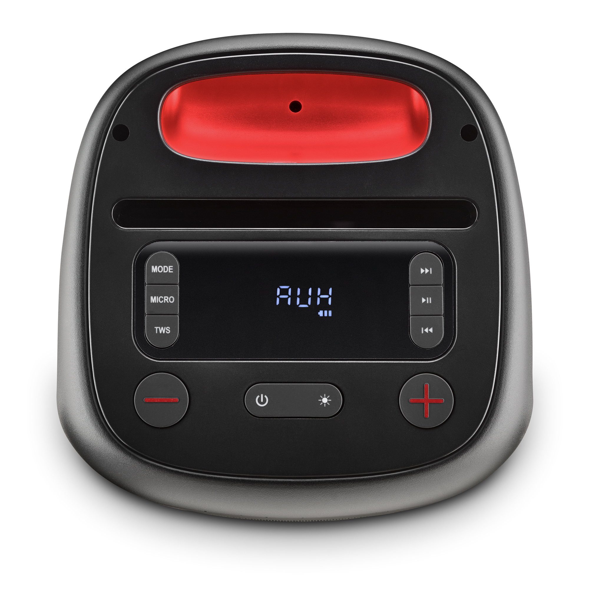 Un dispositivo de audio negro con botones, una pantalla que muestra 'AUH' y un asa superior roja.