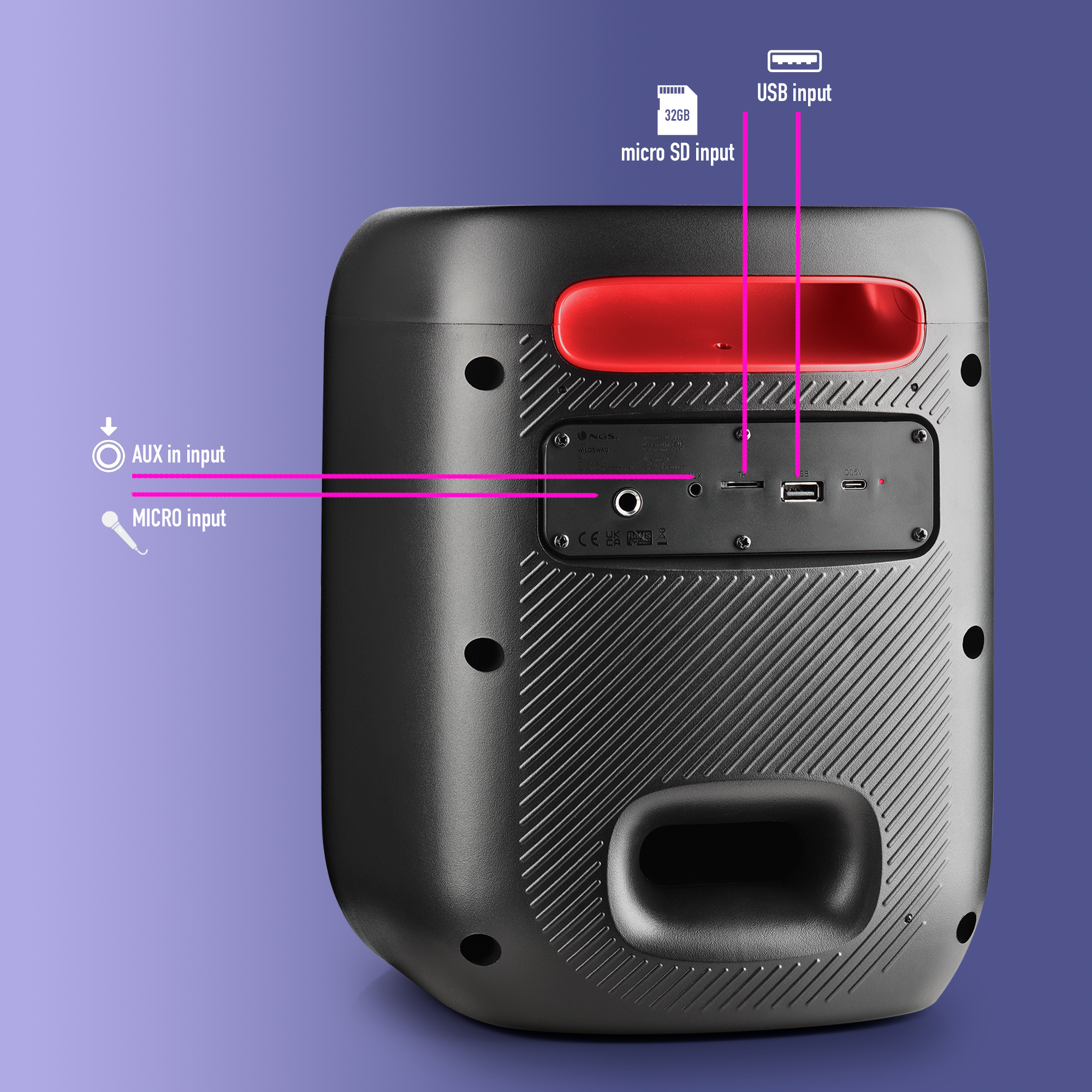 Altavoz negro con asa roja, entradas etiquetadas para AUX, Micro SD, USB y Micro.