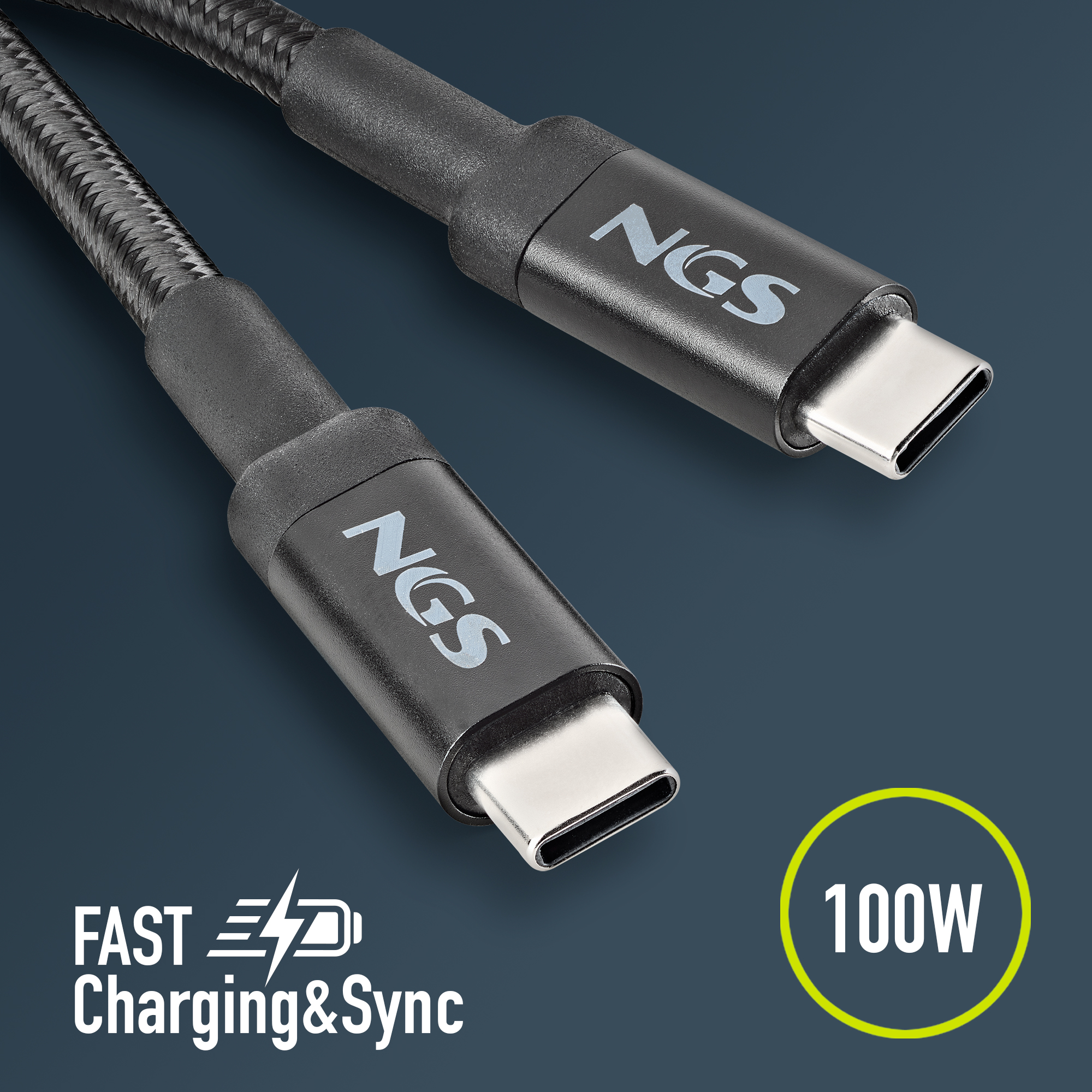 Dos cables USB-C negros con conectores plateados. El texto en los cables dice NGS y 100W.