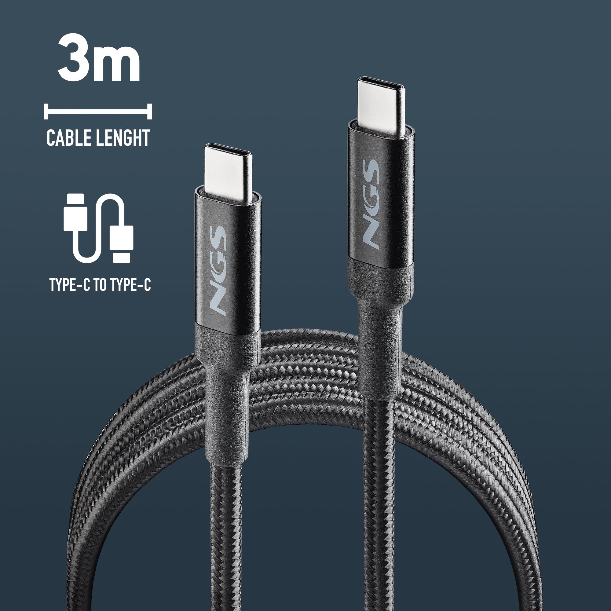Cable USB-C a USB-C negro, 3 m de largo, con la marca NGS, sobre un fondo oscuro.