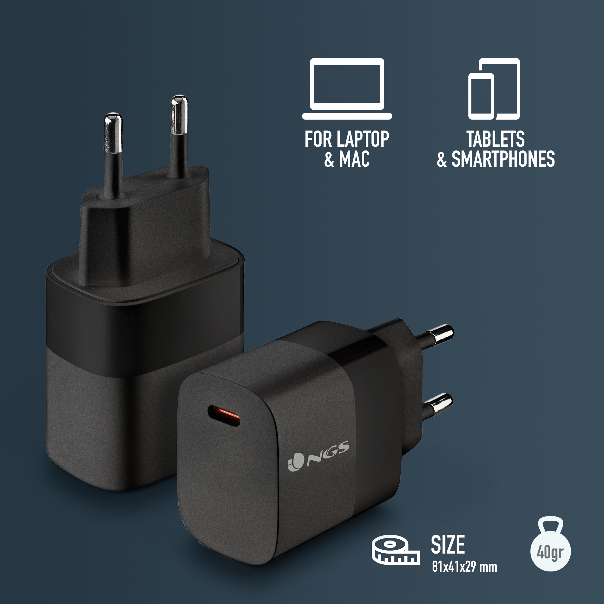 Due caricabatterie neri con luci rosse. In alto icone per laptop e mac, e tablet e smartphone.