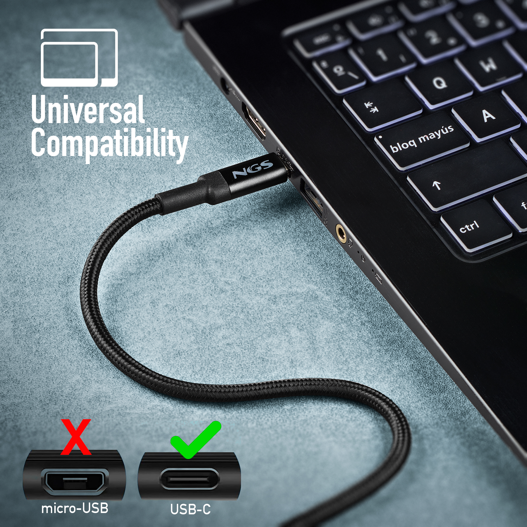 Un portátil conectado a un cable negro. Se muestran los símbolos USB-C y micro-USB.