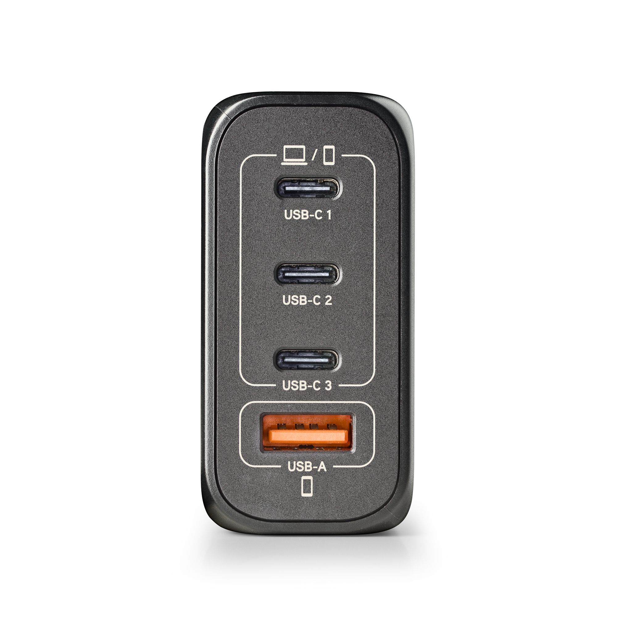 Cargador negro con 3 puertos USB-C, 1 puerto USB-A. Los puertos están etiquetados.