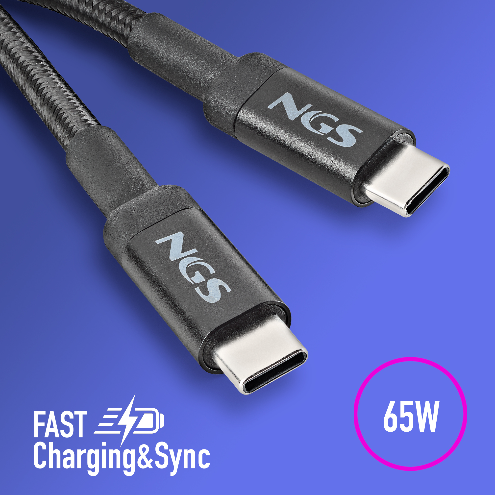 Dos cables USB-C NGS negros. El texto indica carga rápida 65W, con fondo azul.