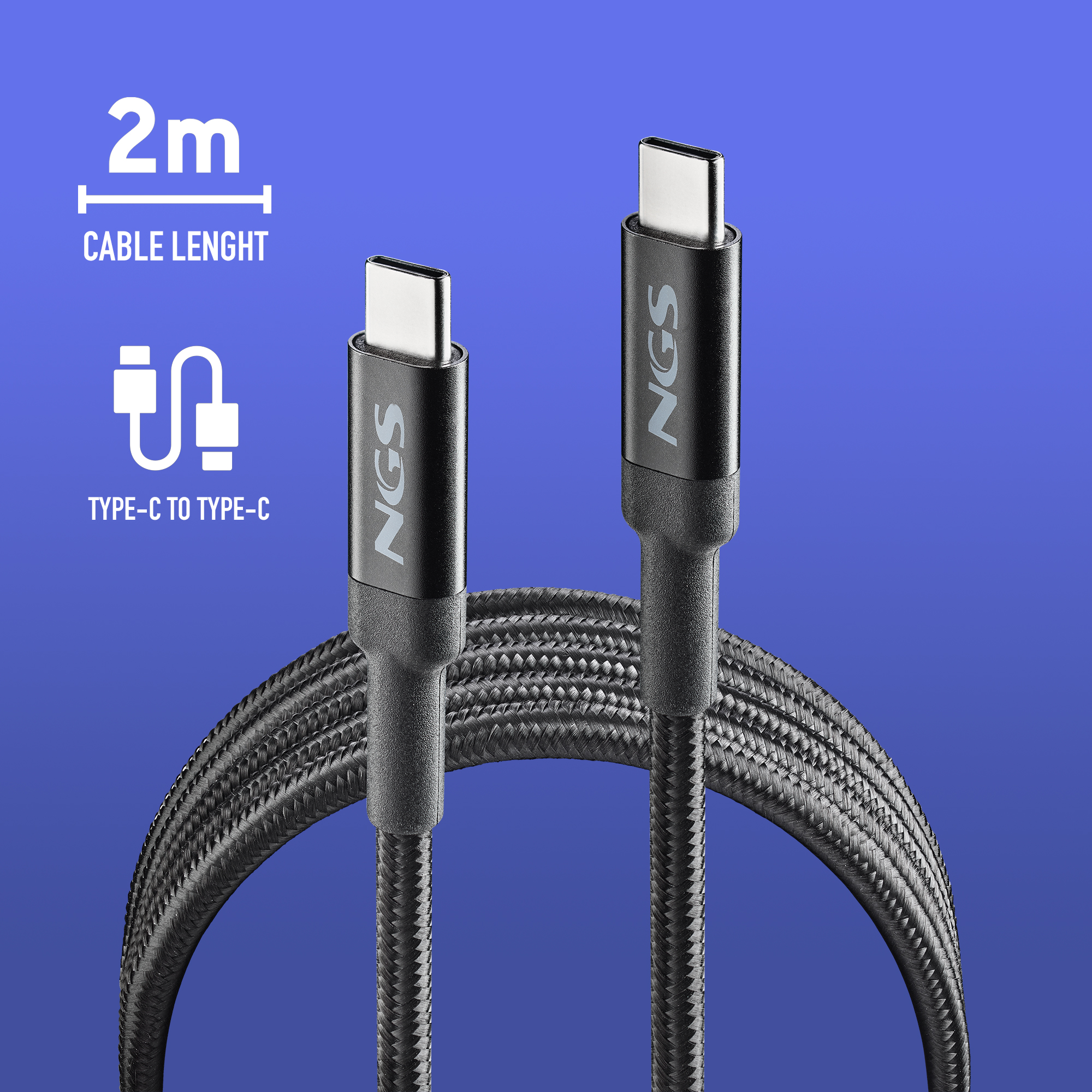 Cable USB-C negro con marca "NGS". El cable mide 2m y tiene diseño trenzado.