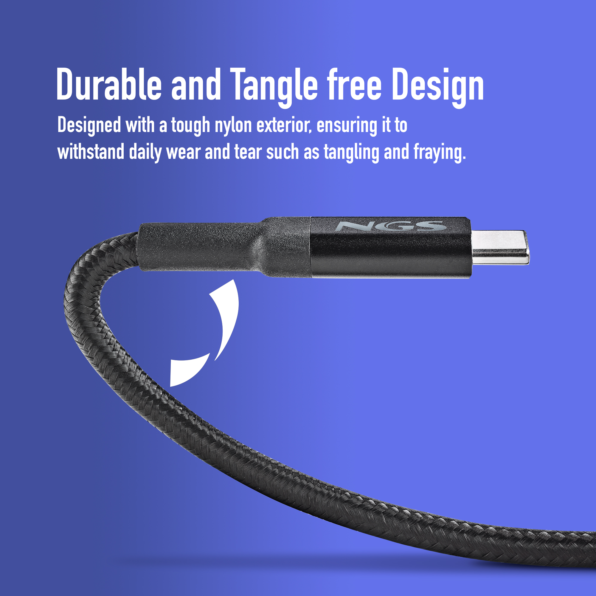 Cable USB-C negro con exterior de nailon resistente, sobre un fondo azul, con una flecha.