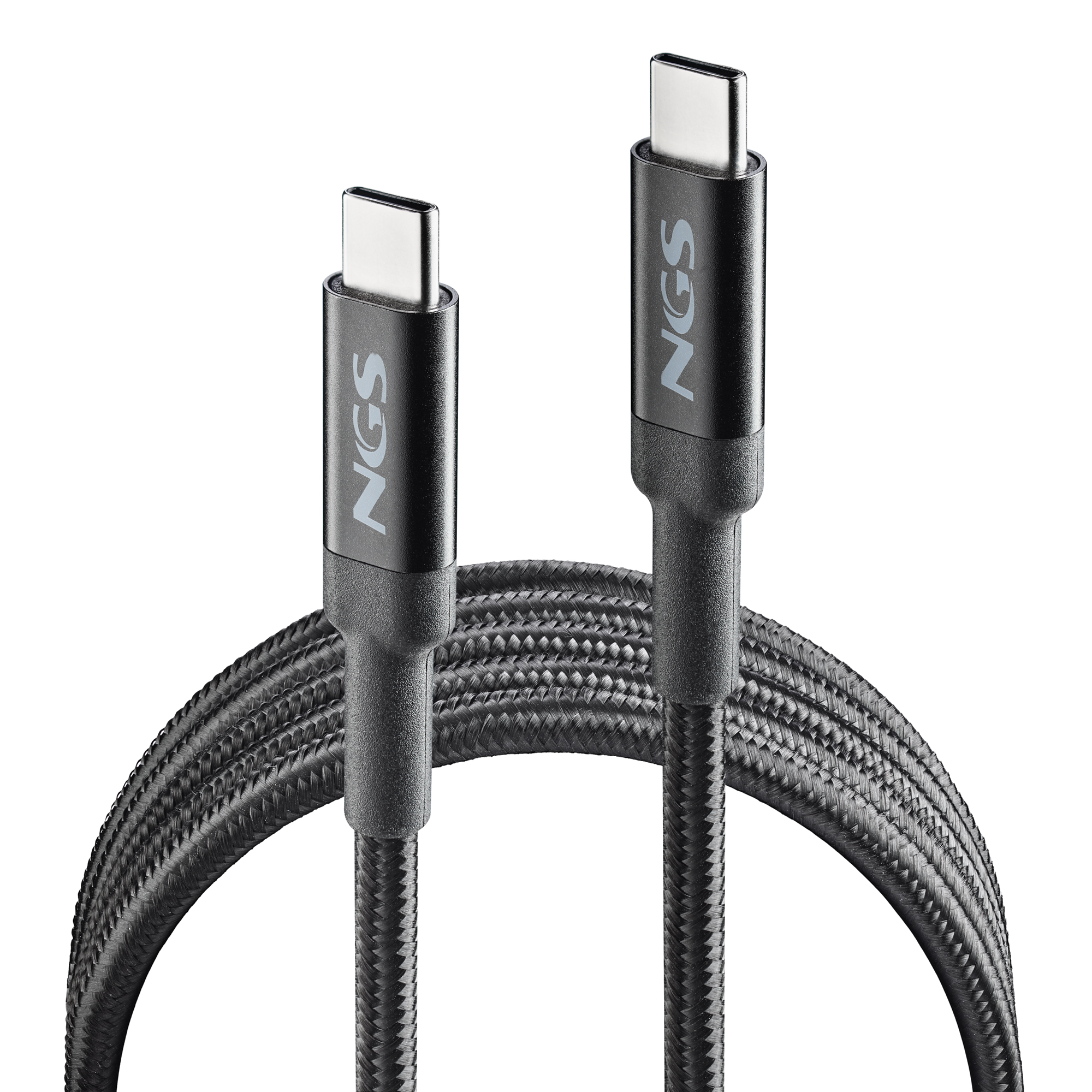 Dos cables USB-C negros. Ambos con el logo NGS. Cable trenzado.