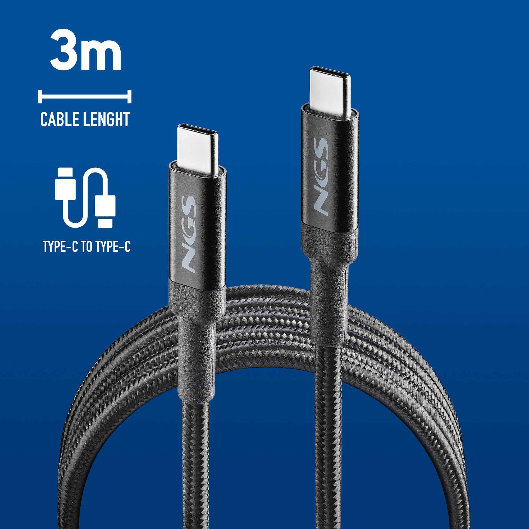 Cavo NGS USB-C a USB-C nero. Il cavo è nero e i connettori sono argentati.