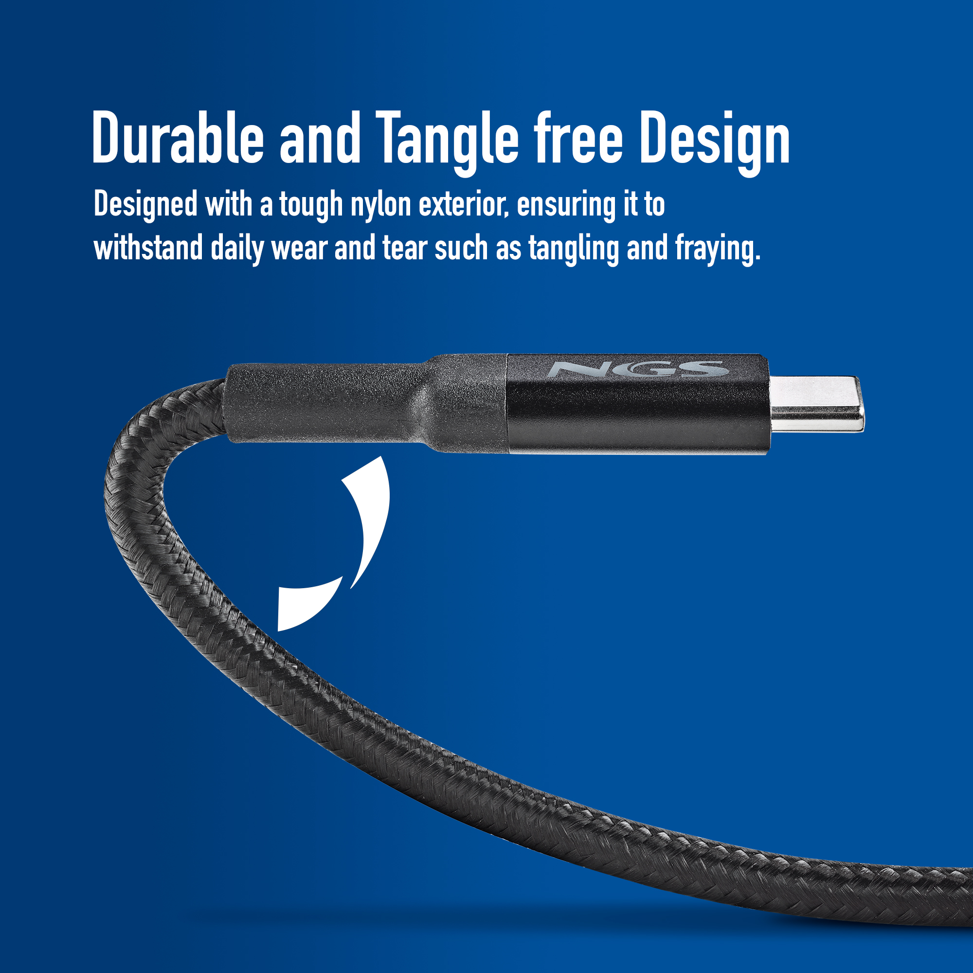 Un cavo USB-C nero con un esterno in nylon. Il cavo è su sfondo blu.