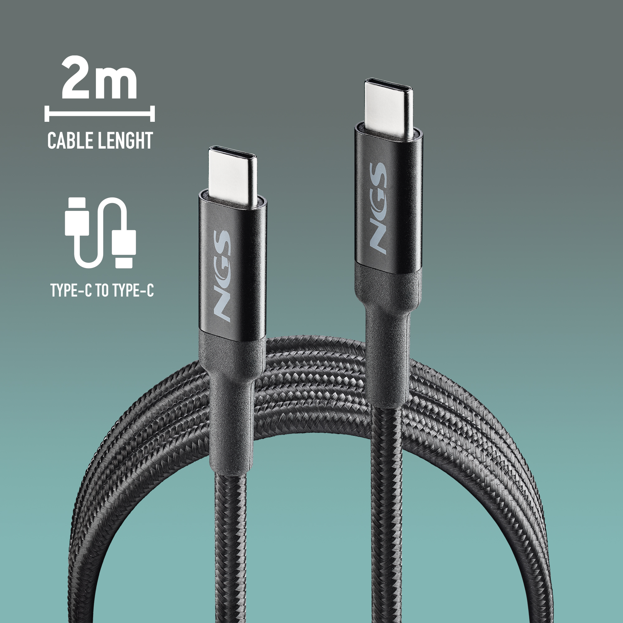 Cable NGS Tipo-C a Tipo-C negro, 2 m de largo, sobre fondo turquesa, con logotipo NGS.