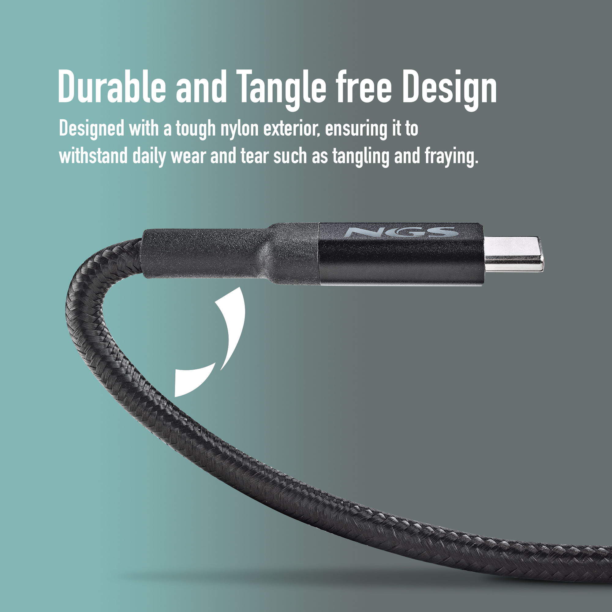 Un cable USB-C negro. El texto dice 'Diseño duradero y sin enredos'.