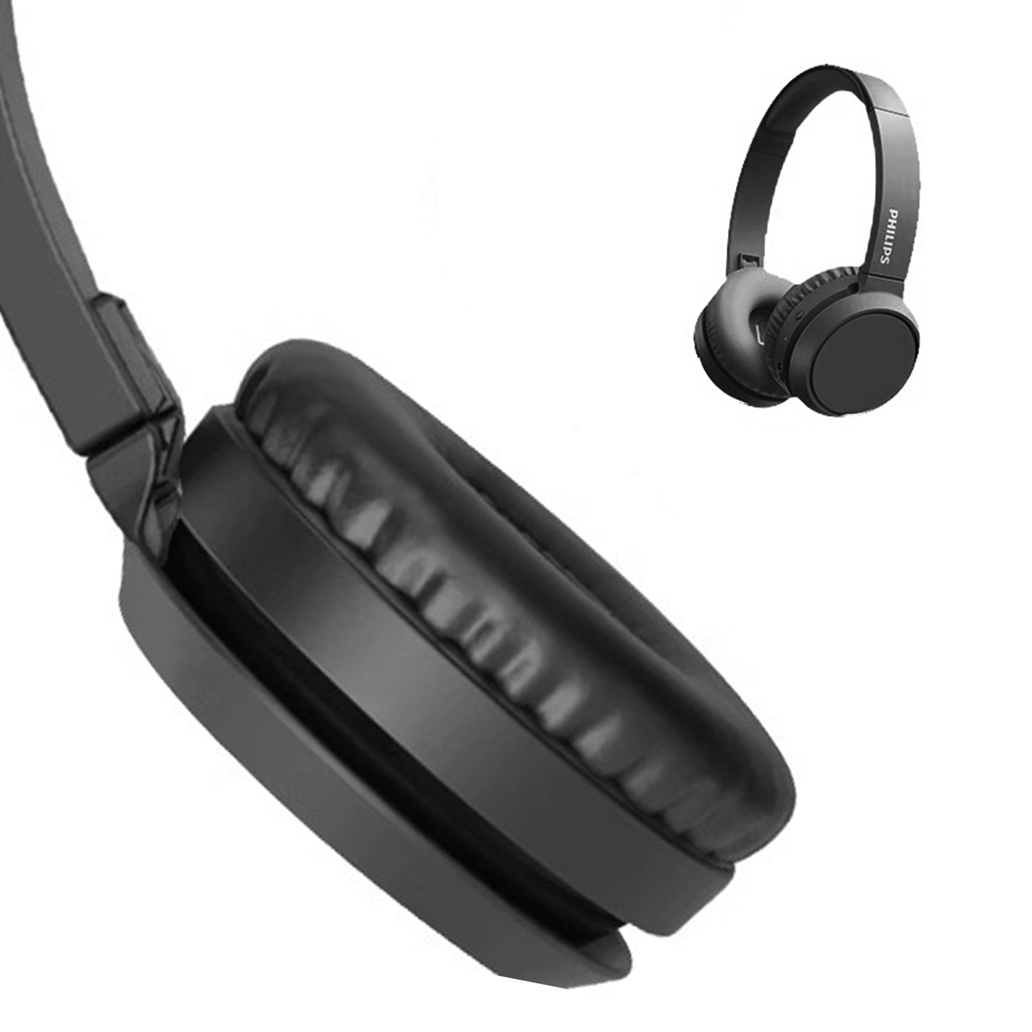 Czarne słuchawki Philips z czarną podkładką i małą wersją słuchawek w tle.