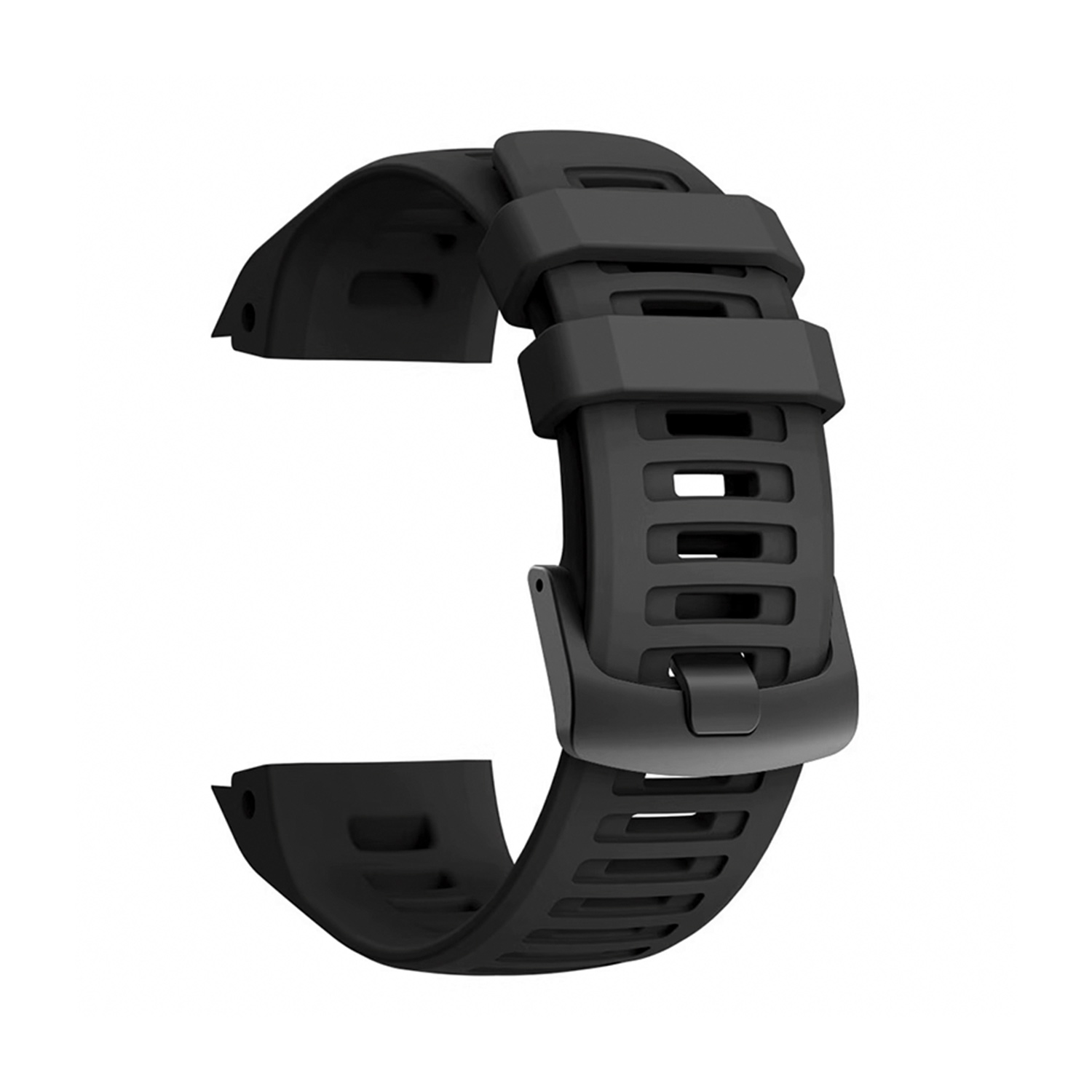 Czarny pasek do zegarka z klamrą, na białym tle.