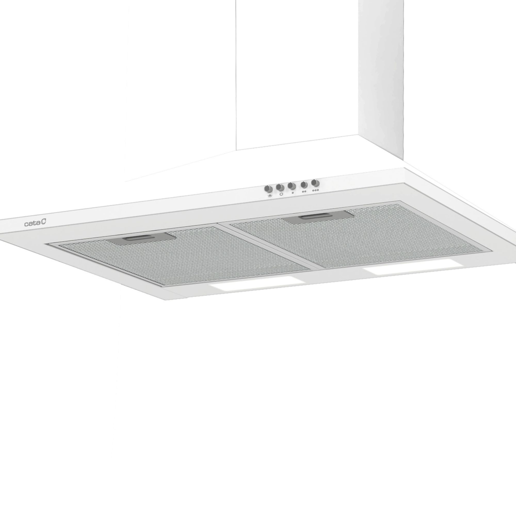 Campana extractora blanca sobre fondo blanco. Tiene una malla plateada y botones de control.